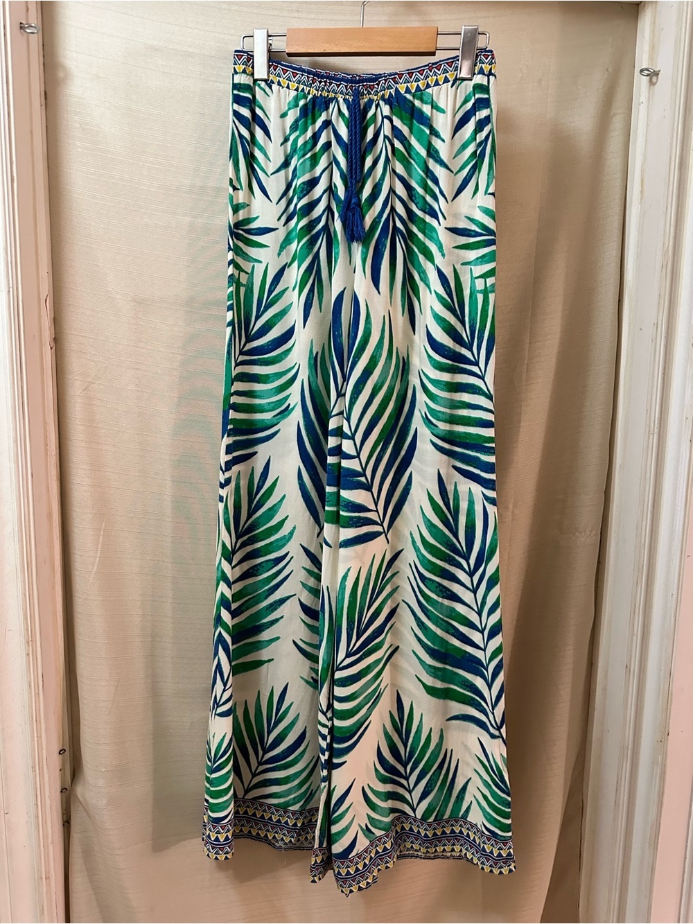 Free market Tropical Palm Print Wide Leg Pants Blue Green Rayon Resort Medium